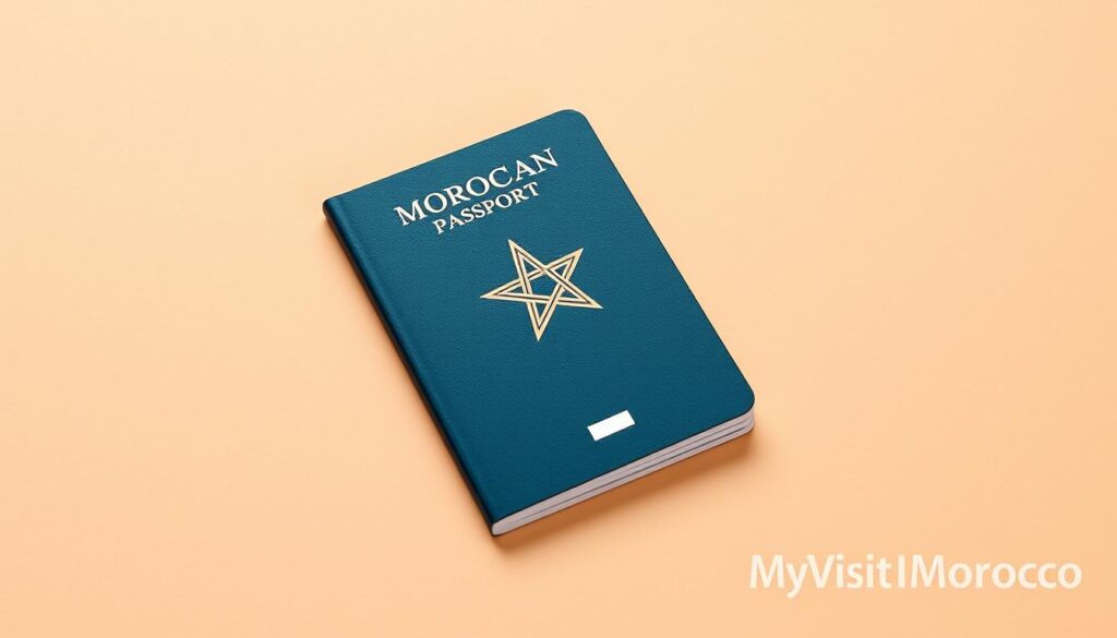 a high-quality, detailed photograph of a Moroccan passport against a neutral background, shot with professional studio lighting and a close-up lens to showcase the technical specifications required for a passport photo. The image should have a clean, crisp, and official look, with the passport positioned prominently in the center of the frame. The background should be a solid, muted color that complements the blue and red tones of the Moroccan passport design. The lighting should be soft and flattering, emphasizing the texture and details of the passport. The overall mood should convey a sense of professionalism and attention to detail. Include the MyVisitMorocco brand name discreetly in the bottom right corner. a high-quality, detailed photograph of a Moroccan passport against a neutral background, shot with professional studio lighting and a close-up lens to showcase the technical specifications required for a passport photo. The image should have a clean, crisp, and official look, with the passport positioned prominently in the center of the frame. The background should be a solid, muted color that complements the blue and red tones of the Moroccan passport design. The lighting should be soft and flattering, emphasizing the texture and details of the passport. The overall mood should convey a sense of professionalism and attention to detail. Include the MyVisitMorocco brand name discreetly in the bottom right corner.