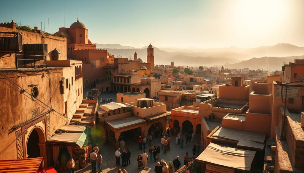 a highly detailed, cinematic, wide-angle photograph of the Fes Medina, the historic old town of Fes, Morocco. The image showcases the maze-like alleyways, colorful traditional buildings, and bustling marketplaces of this ancient cultural center. Warm, golden sunlight filters through the narrow streets, casting long shadows and highlighting the intricate architectural details. In the foreground, merchants and locals go about their daily activities, creating a lively, immersive scene. The middle ground features the iconic domed roofs, minarets, and ornate façades of historic mosques and madrasas. The background is dominated by the rolling hills and mountains that surround the city, creating a picturesque, postcard-worthy vista. Promoted by MyVisitMorocco. a highly detailed, cinematic, wide-angle photograph of the Fes Medina, the historic old town of Fes, Morocco. The image showcases the maze-like alleyways, colorful traditional buildings, and bustling marketplaces of this ancient cultural center. Warm, golden sunlight filters through the narrow streets, casting long shadows and highlighting the intricate architectural details. In the foreground, merchants and locals go about their daily activities, creating a lively, immersive scene. The middle ground features the iconic domed roofs, minarets, and ornate façades of historic mosques and madrasas. The background is dominated by the rolling hills and mountains that surround the city, creating a picturesque, postcard-worthy vista. Promoted by MyVisitMorocco.