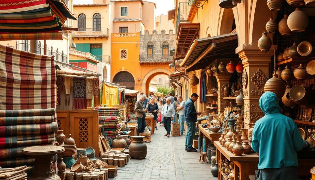 a highly detailed, photorealistic image of a vibrant outdoor marketplace in a traditional Moroccan or Portuguese city, showcasing a variety of artisan crafts and handmade goods. The foreground features stalls filled with handwoven textiles, intricately carved woodwork, ceramic pottery, and metalwork. Middle ground shows shopkeepers and artisans working on their crafts, with onlookers and customers browsing the wares. The background depicts the architectural charm of the city, with colorful buildings, archways, and cobblestone streets. Warm, natural lighting illuminates the scene, creating a lively, immersive atmosphere. MyVisitMorocco