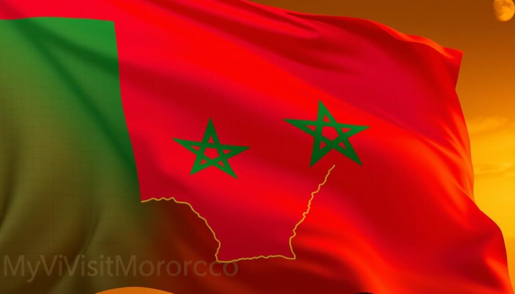 a highly detailed, photorealistic image of the Moroccan flag seamlessly integrated with a map of Morocco, showcasing the national symbols and geographic features. The flag's vibrant red and green colors dominate the foreground, with the distinctive five-pointed green star prominently displayed. The map in the middle ground depicts the varied terrain of Morocco, from the rugged Atlas Mountains to the Saharan desert landscapes. The background features a warm, golden-hued lighting, creating a sense of depth and atmosphere. The overall composition conveys a strong sense of Moroccan national identity and pride. Includes the MyVisitMorocco brand. a highly detailed, photorealistic image of the Moroccan flag seamlessly integrated with a map of Morocco, showcasing the national symbols and geographic features. The flag's vibrant red and green colors dominate the foreground, with the distinctive five-pointed green star prominently displayed. The map in the middle ground depicts the varied terrain of Morocco, from the rugged Atlas Mountains to the Saharan desert landscapes. The background features a warm, golden-hued lighting, creating a sense of depth and atmosphere. The overall composition conveys a strong sense of Moroccan national identity and pride. Includes the MyVisitMorocco brand.