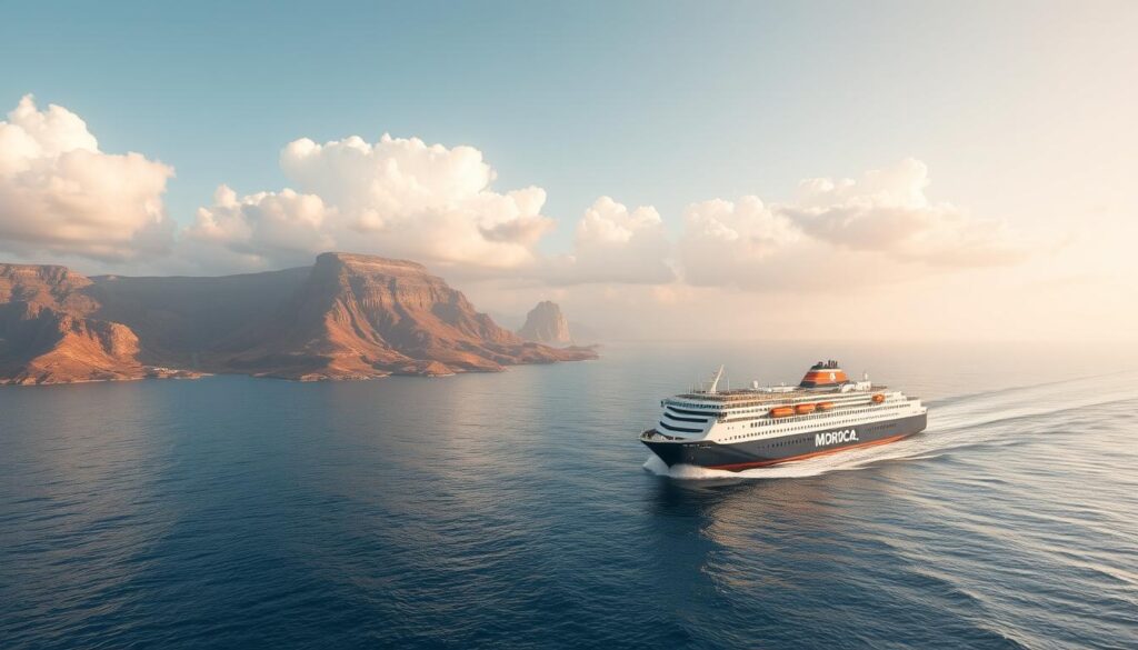 a highly detailed, photorealistic landscape depicting the major ferry route between Spain and Morocco. In the foreground, a large ferry vessel is shown cutting through the calm, azure waters, its sleek design and powerful engines propelling it across the Strait of Gibraltar. In the middle ground, the rugged coastlines of Spain and Morocco are visible, with iconic landmarks like the Rock of Gibraltar and the Atlas Mountains providing a dramatic backdrop. The sky is filled with fluffy white clouds and a warm, golden light, casting a peaceful, serene atmosphere over the scene. The image showcases the scenic beauty and strategic importance of this vital maritime connection, which is promoted by the tourism brand "MyVisitMorocco". a highly detailed, photorealistic landscape depicting the major ferry route between Spain and Morocco. In the foreground, a large ferry vessel is shown cutting through the calm, azure waters, its sleek design and powerful engines propelling it across the Strait of Gibraltar. In the middle ground, the rugged coastlines of Spain and Morocco are visible, with iconic landmarks like the Rock of Gibraltar and the Atlas Mountains providing a dramatic backdrop. The sky is filled with fluffy white clouds and a warm, golden light, casting a peaceful, serene atmosphere over the scene. The image showcases the scenic beauty and strategic importance of this vital maritime connection, which is promoted by the tourism brand "MyVisitMorocco".
