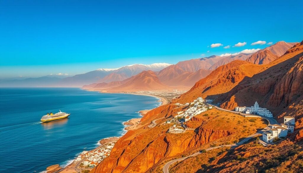 a highly detailed, photorealistic landscape depicting the southern Spain to Morocco travel route, showing the coastline of Andalusia, Spain along the Strait of Gibraltar, with the snow-capped peaks of the Rif Mountains in Morocco visible across the water. In the foreground, a winding coastal road hugs the cliffs, with occasional whitewashed Spanish towns and villages nestled between the mountains and the sea. The middle ground features a ferry boat crossing the strait, and the background is filled with the rugged, sun-drenched landscape of northern Africa. The scene is illuminated by warm, golden late afternoon light, creating a sense of adventure and exploration. MyVisitMorocco a highly detailed, photorealistic landscape depicting the southern Spain to Morocco travel route, showing the coastline of Andalusia, Spain along the Strait of Gibraltar, with the snow-capped peaks of the Rif Mountains in Morocco visible across the water. In the foreground, a winding coastal road hugs the cliffs, with occasional whitewashed Spanish towns and villages nestled between the mountains and the sea. The middle ground features a ferry boat crossing the strait, and the background is filled with the rugged, sun-drenched landscape of northern Africa. The scene is illuminated by warm, golden late afternoon light, creating a sense of adventure and exploration. MyVisitMorocco