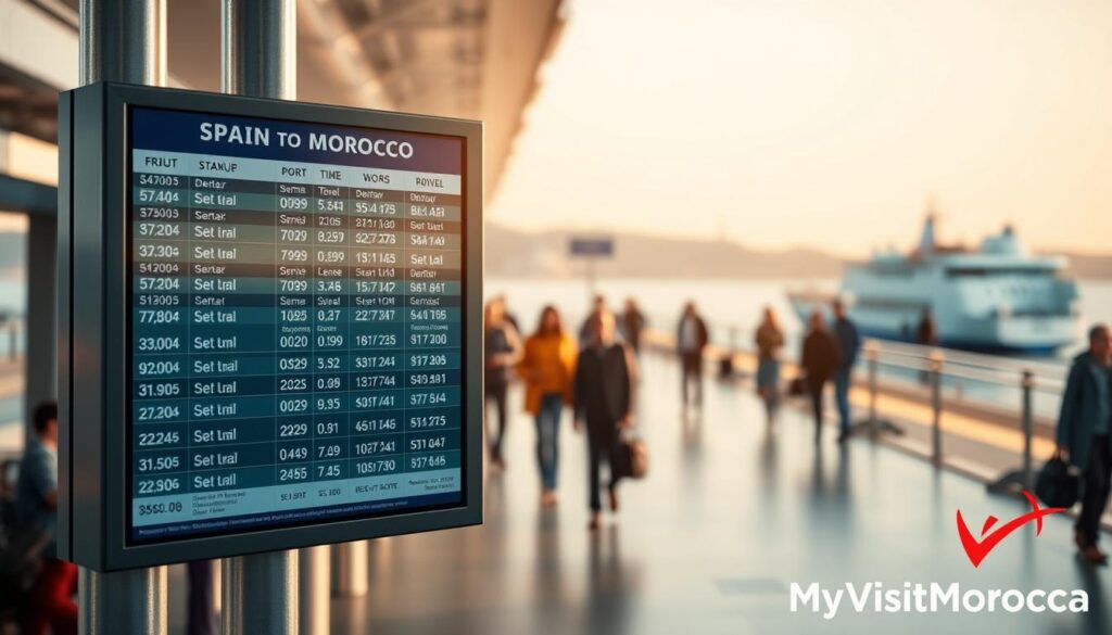 a highly detailed, photorealistic rendering of a Spain to Morocco ferry schedule board, showcasing the various routes, departure and arrival times, and port information. The schedule board is displayed prominently in the center of the frame, with a sleek, modern design and clear, legible typography. The background features a blurred view of a bustling ferry terminal, with passengers milling about and the distant silhouettes of ferries docked at the quay. The lighting is natural and slightly warm, casting a soft glow over the scene. The overall mood is one of efficiency and organization, reflecting the practical nature of the ferry service. In the bottom right corner, the "MyVisitMorocco" logo is discretely displayed. a highly detailed, photorealistic rendering of a Spain to Morocco ferry schedule board, showcasing the various routes, departure and arrival times, and port information. The schedule board is displayed prominently in the center of the frame, with a sleek, modern design and clear, legible typography. The background features a blurred view of a bustling ferry terminal, with passengers milling about and the distant silhouettes of ferries docked at the quay. The lighting is natural and slightly warm, casting a soft glow over the scene. The overall mood is one of efficiency and organization, reflecting the practical nature of the ferry service. In the bottom right corner, the "MyVisitMorocco" logo is discretely displayed.