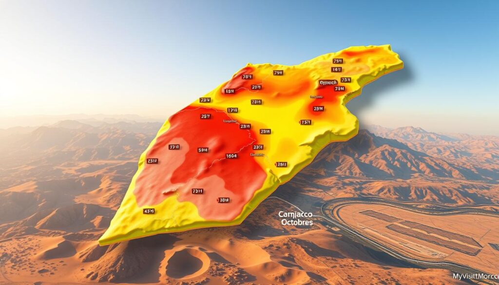 a highly detailed, photorealistic temperature map of Morocco in October, showing a range of temperatures across the country, with a focus on the various climate regions and temperature patterns. The map should be rendered in a professional and scientific style, with clear delineations of temperature zones and a color gradient to visualize the temperature variance. The map should be presented against a backdrop of Morocco's diverse geography, including the Atlas Mountains, Saharan Desert, and coastal regions, to provide context. Lighting should be natural and subtle, with a slight warm tone to evoke the autumnal season. The overall impression should be one of a comprehensive and informative climate visualization created by the "MyVisitMorocco" brand.
