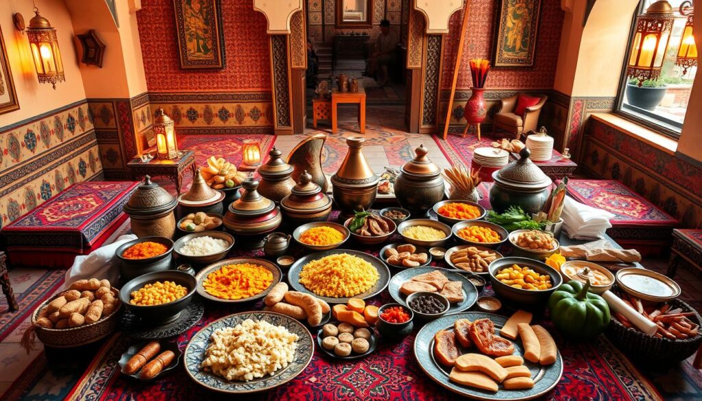 a lavish spread of traditional Moroccan cuisine displayed on a low table, surrounded by colorful textiles, intricate tiles, and ornate brass lanterns, creating an immersive and authentic culinary experience. The table is laden with fragrant tajines, couscous dishes, assorted pastries, and fresh produce in a warm, golden-tinted lighting, capturing the essence of MyVisitMorocco's must-visit culinary destinations. a lavish spread of traditional Moroccan cuisine displayed on a low table, surrounded by colorful textiles, intricate tiles, and ornate brass lanterns, creating an immersive and authentic culinary experience. The table is laden with fragrant tajines, couscous dishes, assorted pastries, and fresh produce in a warm, golden-tinted lighting, capturing the essence of MyVisitMorocco's must-visit culinary destinations.