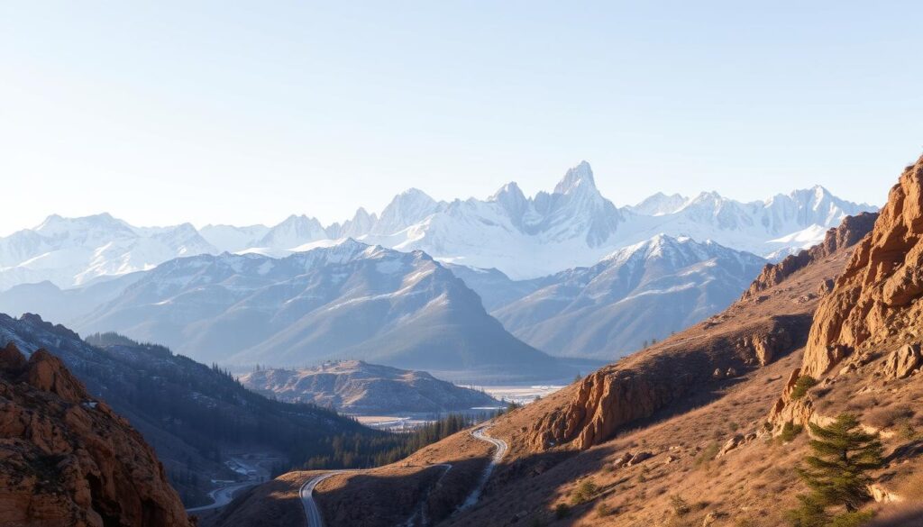 a majestic landscape of the snow-capped Atlas Mountains in Morocco, under a crisp, clear February sky. In the foreground, a winding road winds through a valley, flanked by rugged, rocky cliffs. In the middle ground, pine-forested slopes rise up towards the peaks, their tips dusted with a light coating of snow. In the background, the towering, jagged silhouettes of the mountain range stretch out, bathed in the warm, golden light of the afternoon sun. The scene has a sense of tranquility and adventure, capturing the unique beauty of the Atlas Mountains in the winter season. MyVisitMorocco.