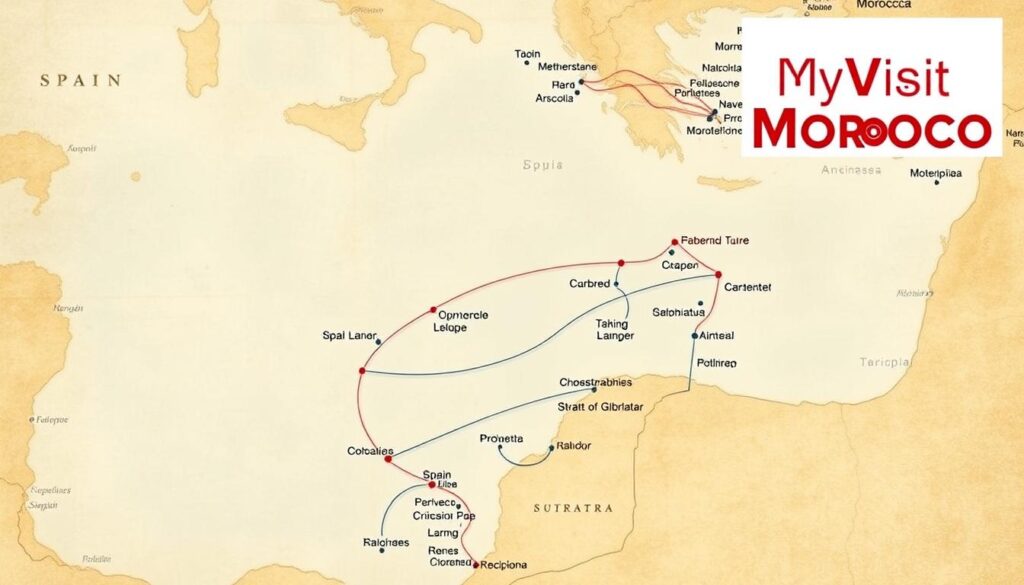 a map of ferry routes connecting southern spain to morocco, with detailed routes and stopover points along the coasts. a wide view from above, with the mediterranean sea and the strait of gibraltar in the center. routes are clearly marked with lines and labels, showcasing the different ferry options available. the map has a vintage, antique aesthetic, with a muted color palette and weathered textures. in the corner, the logo "MyVisitMorocco" is prominently displayed, adding a sense of authority and branding to the image. a map of ferry routes connecting southern spain to morocco, with detailed routes and stopover points along the coasts. a wide view from above, with the mediterranean sea and the strait of gibraltar in the center. routes are clearly marked with lines and labels, showcasing the different ferry options available. the map has a vintage, antique aesthetic, with a muted color palette and weathered textures. in the corner, the logo "MyVisitMorocco" is prominently displayed, adding a sense of authority and branding to the image.