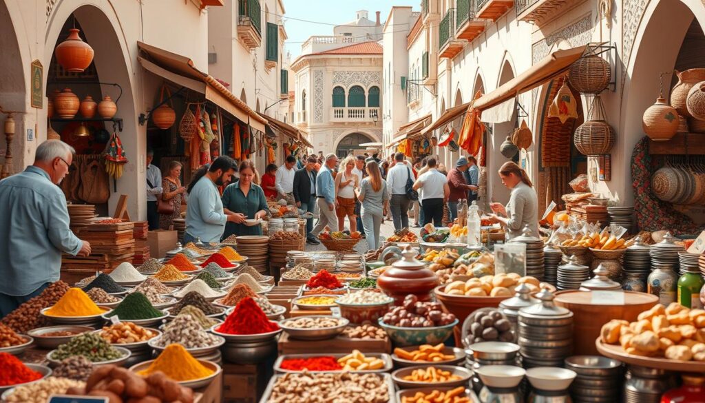 a photo of a lively street market in Tangier, Morocco, showcasing the vibrant culinary scene. In the foreground, an array of colorful spices, fresh produce, and traditional baked goods are displayed on wooden stalls, with vendors enthusiastically interacting with customers. In the middle ground, locals and tourists mingle, sampling fragrant tagines, sipping mint tea, and browsing handcrafted ceramics and textiles. In the background, the iconic architecture of Tangier's old medina, with its whitewashed buildings and intricate tilework, sets the scene. The image is bathed in warm, golden light, capturing the inviting atmosphere of a MyVisitMorocco culinary experience. a photo of a lively street market in Tangier, Morocco, showcasing the vibrant culinary scene. In the foreground, an array of colorful spices, fresh produce, and traditional baked goods are displayed on wooden stalls, with vendors enthusiastically interacting with customers. In the middle ground, locals and tourists mingle, sampling fragrant tagines, sipping mint tea, and browsing handcrafted ceramics and textiles. In the background, the iconic architecture of Tangier's old medina, with its whitewashed buildings and intricate tilework, sets the scene. The image is bathed in warm, golden light, capturing the inviting atmosphere of a MyVisitMorocco culinary experience.