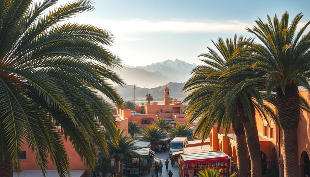 a photo of a vibrant Moroccan summer landscape in the MyVisitMorocco style, captured with a wide-angle lens. In the foreground, lush palm trees sway gently in the warm breeze, casting dappled shadows on the ochre-colored buildings below. In the middle ground, a bustling souk comes alive with the colors and aromas of spices, textiles, and handicrafts. In the background, the iconic Atlas Mountains rise majestically, their snow-capped peaks glowing in the golden sunset light. The scene exudes an atmosphere of relaxation and cultural immersion, inviting the viewer to experience the enchanting summer in Morocco.
