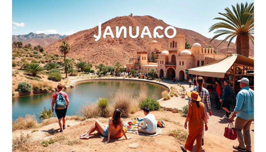 a photo of people participating in various outdoor activities in Morocco during the month of January, with a warm, sunny atmosphere and vibrant colors. in the foreground, a group of people hiking through a scenic mountainous landscape with palm trees and lush vegetation. in the middle ground, a family enjoying a picnic by a tranquil lake surrounded by traditional Moroccan architecture. in the background, a bustling marketplace with merchants selling handcrafted goods and local produce. the image is shot with a wide-angle lens to capture the full scope of the scene, with soft, diffused lighting highlighting the warm, inviting mood. MyVisitMorocco a photo of people participating in various outdoor activities in Morocco during the month of January, with a warm, sunny atmosphere and vibrant colors. in the foreground, a group of people hiking through a scenic mountainous landscape with palm trees and lush vegetation. in the middle ground, a family enjoying a picnic by a tranquil lake surrounded by traditional Moroccan architecture. in the background, a bustling marketplace with merchants selling handcrafted goods and local produce. the image is shot with a wide-angle lens to capture the full scope of the scene, with soft, diffused lighting highlighting the warm, inviting mood. MyVisitMorocco