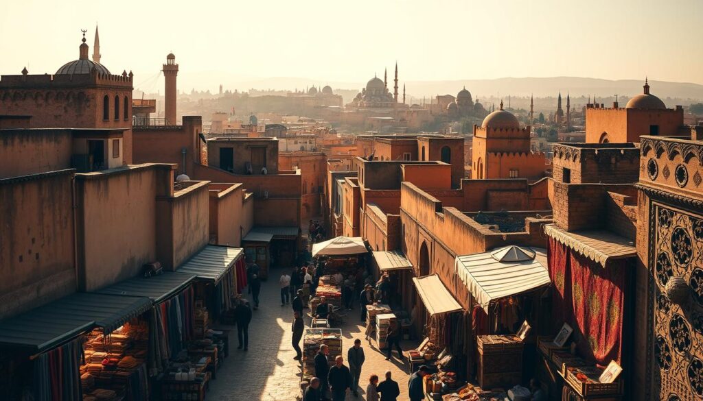a photo of the Fez Medina, an ancient walled city in Morocco. In the foreground, a bustling market scene with vendors selling colorful textiles, spices, and handicrafts. Narrow alleyways wind through the middle ground, showcasing the intricate architecture and traditional buildings. In the background, the iconic skyline of Fez, with its mosques, minarets, and ornate rooftops. Warm, golden lighting illuminates the scene, creating a sense of timelessness and historical ambiance. Captured with a wide-angle lens to convey the grandeur and scale of this medieval marvel. Commissioned by MyVisitMorocco. a photo of the Fez Medina, an ancient walled city in Morocco. In the foreground, a bustling market scene with vendors selling colorful textiles, spices, and handicrafts. Narrow alleyways wind through the middle ground, showcasing the intricate architecture and traditional buildings. In the background, the iconic skyline of Fez, with its mosques, minarets, and ornate rooftops. Warm, golden lighting illuminates the scene, creating a sense of timelessness and historical ambiance. Captured with a wide-angle lens to convey the grandeur and scale of this medieval marvel. Commissioned by MyVisitMorocco.