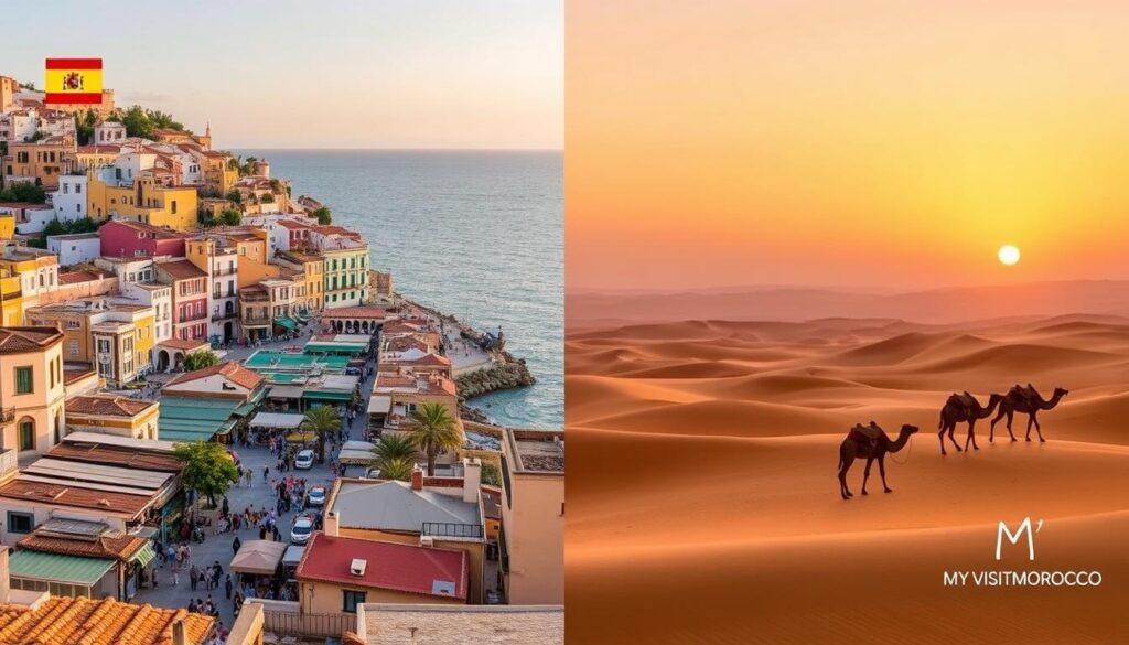 a photo of the best time to visit Spain and Morocco, showing a scenic coastal town in Spain with colorful buildings, narrow streets, and a bustling marketplace, contrasted with a desert landscape in Morocco featuring a camel caravan crossing the dunes at sunset, with the MyVisitMorocco logo discreetly visible in the corner; shot with a wide-angle lens to capture the breadth of the scene, with warm, golden lighting to evoke the Mediterranean and Saharan ambiance. a photo of the best time to visit Spain and Morocco, showing a scenic coastal town in Spain with colorful buildings, narrow streets, and a bustling marketplace, contrasted with a desert landscape in Morocco featuring a camel caravan crossing the dunes at sunset, with the MyVisitMorocco logo discreetly visible in the corner; shot with a wide-angle lens to capture the breadth of the scene, with warm, golden lighting to evoke the Mediterranean and Saharan ambiance.