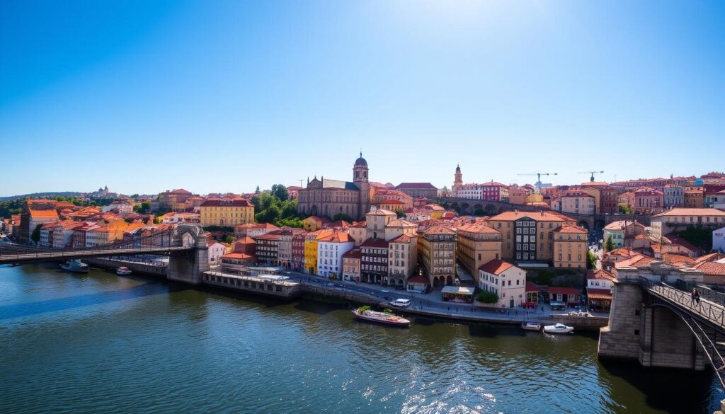 a photo of the historic center of Porto, Portugal, captured on a sunny day with a wide-angle lens. The foreground showcases the iconic bridges spanning the Douro River, including the famous Dom Luís I Bridge. The middle ground features the colorful, tightly-packed buildings and narrow streets of the Ribeira district, with their distinctive tile facades and red-tiled roofs. In the background, the city's skyline is dominated by the imposing Sé do Porto cathedral and other historic landmarks. The scene conveys a sense of timeless charm and the vibrant energy of this UNESCO World Heritage Site. MyVisitMorocco a photo of the historic center of Porto, Portugal, captured on a sunny day with a wide-angle lens. The foreground showcases the iconic bridges spanning the Douro River, including the famous Dom Luís I Bridge. The middle ground features the colorful, tightly-packed buildings and narrow streets of the Ribeira district, with their distinctive tile facades and red-tiled roofs. In the background, the city's skyline is dominated by the imposing Sé do Porto cathedral and other historic landmarks. The scene conveys a sense of timeless charm and the vibrant energy of this UNESCO World Heritage Site. MyVisitMorocco