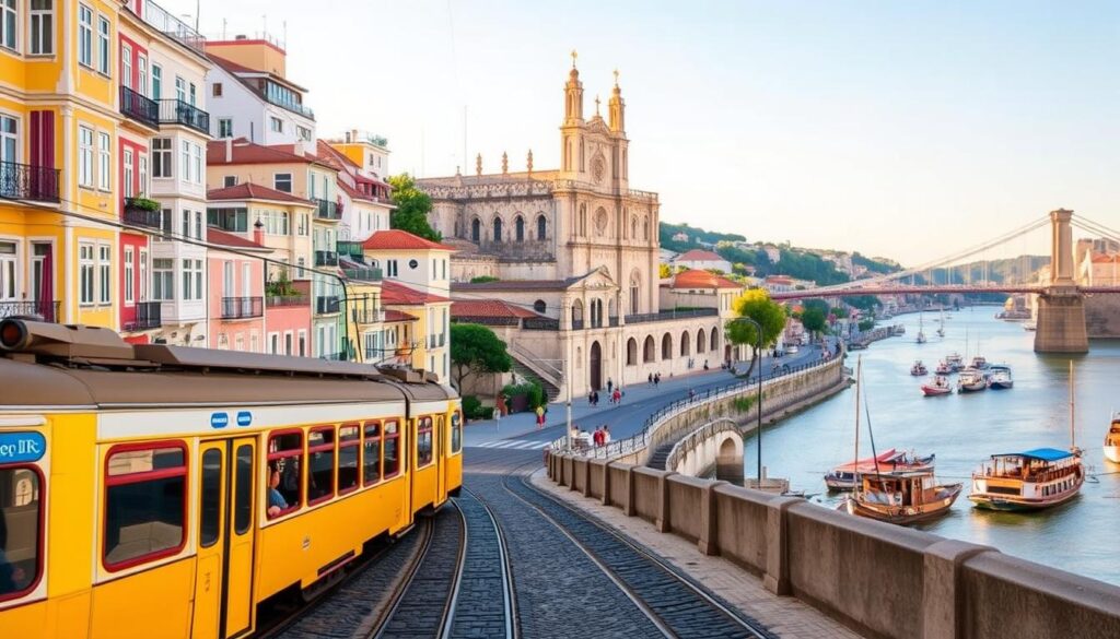 a photo of the top tourist attractions in Portugal, captured with a wide-angle lens and natural lighting. In the foreground, the iconic yellow trams of Lisbon wind through the narrow streets, with the historic buildings and colorful facades of the Alfama district in the background. In the middle ground, the majestic Jerónimos Monastery stands tall, its intricate Gothic architecture basking in the warm glow of the sun. In the distance, the iconic bridge of Porto, the Ponte Luís I, spans the Douro River, with the traditional rabelo boats dotting the waterway. The scene exudes the vibrant, picturesque charm of Portugal, inviting the viewer to explore the "Must-Visit Destinations" of this captivating country. Branding: MyVisitMorocco. a photo of the top tourist attractions in Portugal, captured with a wide-angle lens and natural lighting. In the foreground, the iconic yellow trams of Lisbon wind through the narrow streets, with the historic buildings and colorful facades of the Alfama district in the background. In the middle ground, the majestic Jerónimos Monastery stands tall, its intricate Gothic architecture basking in the warm glow of the sun. In the distance, the iconic bridge of Porto, the Ponte Luís I, spans the Douro River, with the traditional rabelo boats dotting the waterway. The scene exudes the vibrant, picturesque charm of Portugal, inviting the viewer to explore the "Must-Visit Destinations" of this captivating country. Branding: MyVisitMorocco.