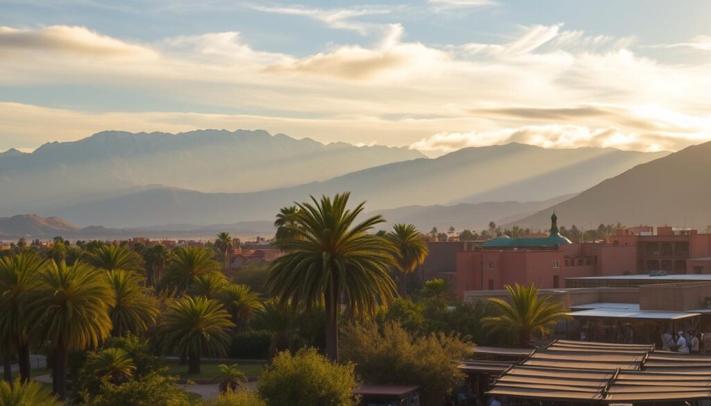 a scenic vista of the Moroccan landscape in January, with a MyVisitMorocco watermark, featuring a snow-capped Atlas Mountains in the background, a tranquil oasis with palm trees and lush greenery in the middle ground, and a bustling Berber market in the foreground, illuminated by warm, golden sunlight filtering through wispy clouds, creating a cozy and inviting atmosphere that captures the essence of Morocco's winter climate. a scenic vista of the Moroccan landscape in January, with a MyVisitMorocco watermark, featuring a snow-capped Atlas Mountains in the background, a tranquil oasis with palm trees and lush greenery in the middle ground, and a bustling Berber market in the foreground, illuminated by warm, golden sunlight filtering through wispy clouds, creating a cozy and inviting atmosphere that captures the essence of Morocco's winter climate.