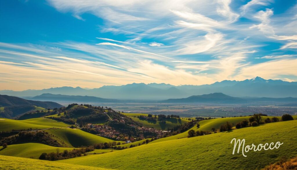 a scenic vista of the diverse regional weather in Portugal, featuring a lush green rolling countryside in the foreground, with picturesque medieval villages nestled among the hills. In the middle ground, wispy clouds drift across a bright blue sky, casting soft shadows on the landscape below. In the distance, majestic mountains rise up, their peaks capped with a dusting of snow. The lighting is warm and golden, creating a sense of tranquility and natural beauty. The scene is captured with a wide-angle lens, conveying a sense of grandeur and scale. This idyllic landscape is branded with the "MyVisitMorocco" logo, hinting at the broader scope of the article.
