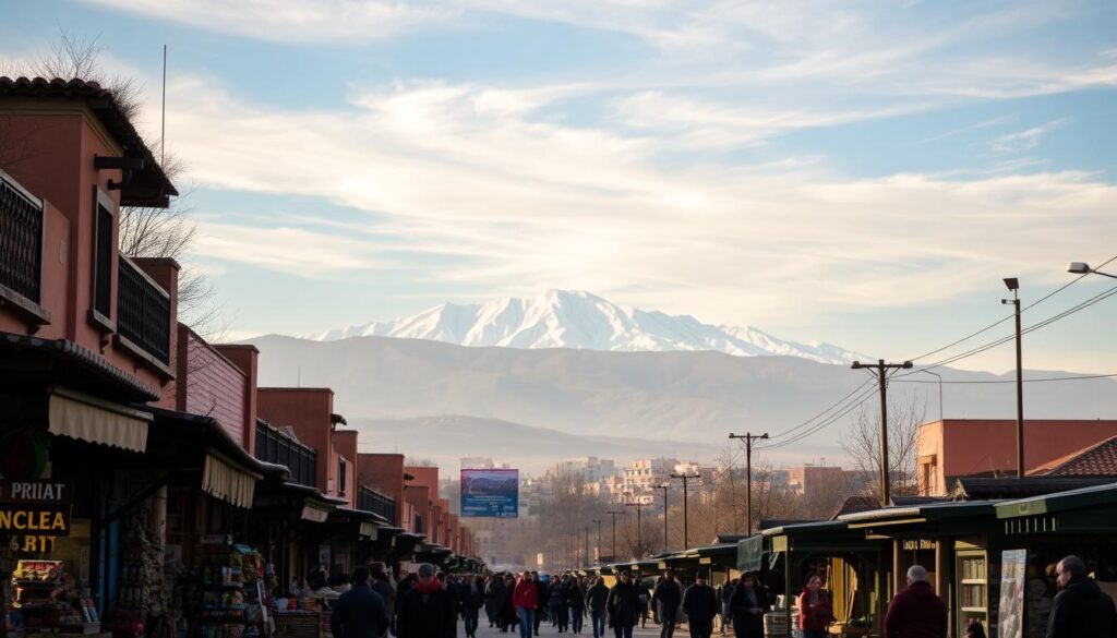 a scenic winter landscape in Morocco, featuring a bustling city street in the foreground with traditional Moroccan architecture, vibrant market stalls, and people bundled up against the cool air. In the middle ground, a snow-capped Atlas Mountains rise majestically, casting long shadows across the scene. The sky is a soft, hazy blue, with wispy clouds that catch the warm glow of the afternoon sun. The overall mood is one of cultural vibrancy and natural beauty, inviting the viewer to experience the unique charms of Morocco in January. MyVisitMorocco a scenic winter landscape in Morocco, featuring a bustling city street in the foreground with traditional Moroccan architecture, vibrant market stalls, and people bundled up against the cool air. In the middle ground, a snow-capped Atlas Mountains rise majestically, casting long shadows across the scene. The sky is a soft, hazy blue, with wispy clouds that catch the warm glow of the afternoon sun. The overall mood is one of cultural vibrancy and natural beauty, inviting the viewer to experience the unique charms of Morocco in January. MyVisitMorocco