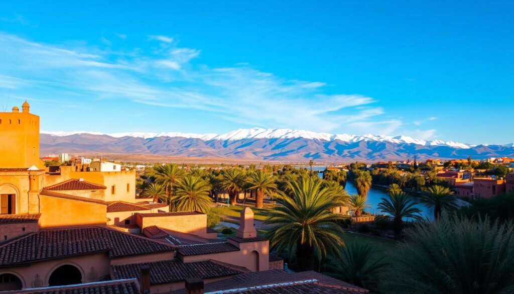 a scenic winter landscape in Morocco, showcasing the country's diverse climate in December. In the foreground, a picturesque medina with traditional clay-tiled roofs and ornate archways, bathed in warm, golden sunlight. In the middle ground, a lush oasis with swaying palm trees and a tranquil river reflecting the clear, azure sky. In the background, majestic snow-capped Atlas Mountains, their peaks touched by wispy clouds. The overall mood is one of serenity and charm, capturing the mild and pleasant weather of Morocco during the winter season. MyVisitMorocco a scenic winter landscape in Morocco, showcasing the country's diverse climate in December. In the foreground, a picturesque medina with traditional clay-tiled roofs and ornate archways, bathed in warm, golden sunlight. In the middle ground, a lush oasis with swaying palm trees and a tranquil river reflecting the clear, azure sky. In the background, majestic snow-capped Atlas Mountains, their peaks touched by wispy clouds. The overall mood is one of serenity and charm, capturing the mild and pleasant weather of Morocco during the winter season. MyVisitMorocco