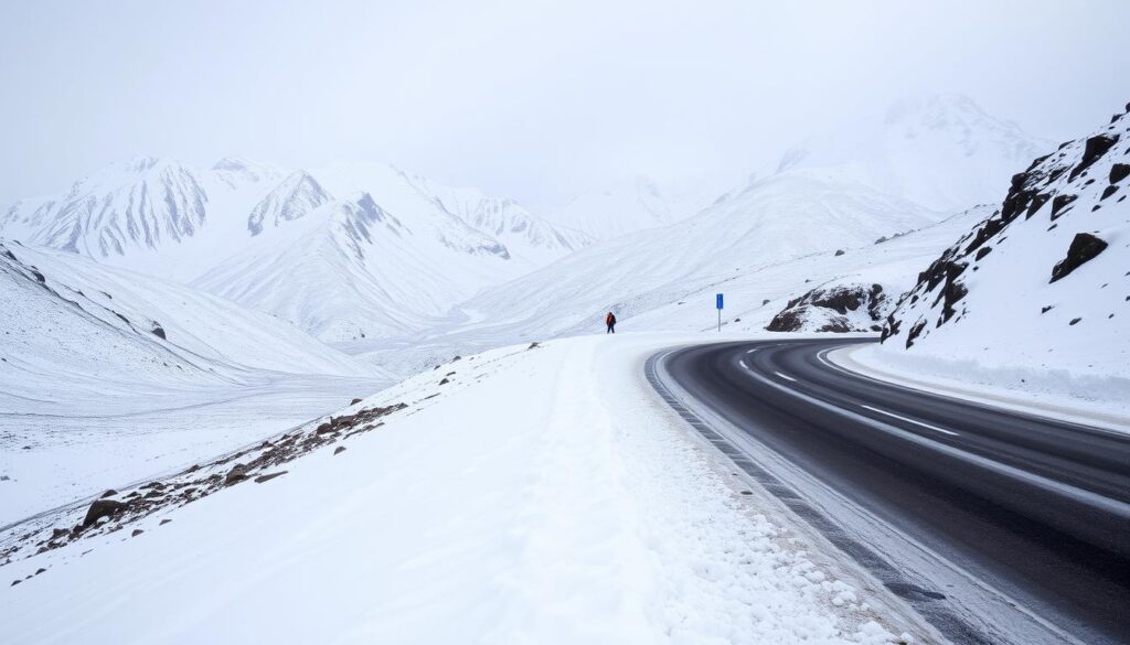 a snow-covered winding mountain road in the High Atlas Mountains of Morocco, with jagged, snow-capped peaks in the background and a MyVisitMorocco sign visible along the edge of the road. The scene is illuminated by a soft, overcast light, creating a serene and atmospheric winter landscape. The road is partially obscured by drifting snow, suggesting challenging driving conditions. Icy patches and snowdrifts are visible, hinting at the need for caution and appropriate winter driving gear. a snow-covered winding mountain road in the High Atlas Mountains of Morocco, with jagged, snow-capped peaks in the background and a MyVisitMorocco sign visible along the edge of the road. The scene is illuminated by a soft, overcast light, creating a serene and atmospheric winter landscape. The road is partially obscured by drifting snow, suggesting challenging driving conditions. Icy patches and snowdrifts are visible, hinting at the need for caution and appropriate winter driving gear.