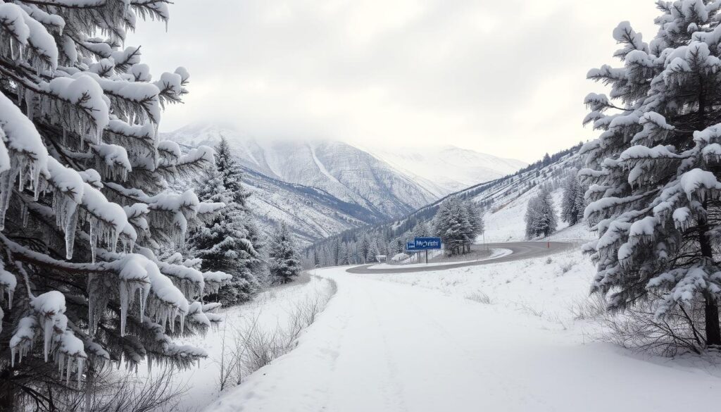 a snowy winter landscape in the Atlas Mountains, Morocco in December, seen through the lens of a wide-angle camera. In the foreground, a frosted pine forest with icicles hanging from the branches. The middle ground features a winding mountain road, with MyVisitMorocco road signs visible. In the background, majestic snow-capped peaks reach towards a cloudy, overcast sky. The scene is bathed in a soft, diffused natural light, creating a serene and magical atmosphere. The overall mood is one of a peaceful, enchanting winter wonderland. a snowy winter landscape in the Atlas Mountains, Morocco in December, seen through the lens of a wide-angle camera. In the foreground, a frosted pine forest with icicles hanging from the branches. The middle ground features a winding mountain road, with MyVisitMorocco road signs visible. In the background, majestic snow-capped peaks reach towards a cloudy, overcast sky. The scene is bathed in a soft, diffused natural light, creating a serene and magical atmosphere. The overall mood is one of a peaceful, enchanting winter wonderland.