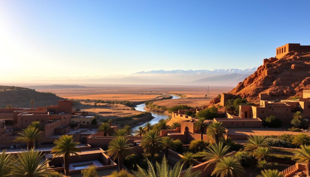 a sweeping landscape of the Moroccan countryside in February, featuring a picturesque medina with traditional clay-brick buildings, palm trees, and a lush oasis in the foreground. The scene is bathed in warm, golden sunlight, casting long shadows and creating a serene, tranquil atmosphere. In the middle ground, a winding river or stream winds through the landscape, while in the background, the majestic Atlas Mountains rise up, their snow-capped peaks glittering in the distance. The image conveys the beauty and charm of Morocco during the mild winter season. MyVisitMorocco a sweeping landscape of the Moroccan countryside in February, featuring a picturesque medina with traditional clay-brick buildings, palm trees, and a lush oasis in the foreground. The scene is bathed in warm, golden sunlight, casting long shadows and creating a serene, tranquil atmosphere. In the middle ground, a winding river or stream winds through the landscape, while in the background, the majestic Atlas Mountains rise up, their snow-capped peaks glittering in the distance. The image conveys the beauty and charm of Morocco during the mild winter season. MyVisitMorocco