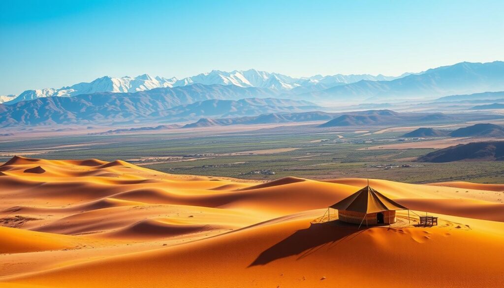 a vast, breathtaking landscape of Morocco, showcasing its diverse geography. In the foreground, a stunning desert scene with rolling sand dunes and a lone Berber tent, illuminated by warm, golden sunlight. In the middle ground, majestic snow-capped Atlas Mountains rise up, their peaks piercing the clear, azure sky. In the background, lush, verdant valleys and lush, green oases dot the horizon, creating a striking contrast with the arid desert. The image is captured with a wide-angle lens, conveying a sense of grand scale and immersion. The overall mood is one of serene, natural beauty, inviting the viewer to explore the wonders of Morocco. MyVisitMorocco a vast, breathtaking landscape of Morocco, showcasing its diverse geography. In the foreground, a stunning desert scene with rolling sand dunes and a lone Berber tent, illuminated by warm, golden sunlight. In the middle ground, majestic snow-capped Atlas Mountains rise up, their peaks piercing the clear, azure sky. In the background, lush, verdant valleys and lush, green oases dot the horizon, creating a striking contrast with the arid desert. The image is captured with a wide-angle lens, conveying a sense of grand scale and immersion. The overall mood is one of serene, natural beauty, inviting the viewer to explore the wonders of Morocco. MyVisitMorocco