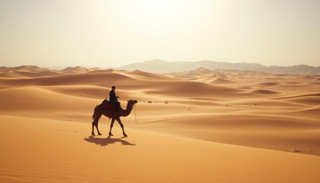a vast, rolling sand dune landscape under a bright, cloudless sky in the Sahara Desert of Morocco in February, with a warm, golden light illuminating the scene. In the foreground, a lone traveler on a camel silhouetted against the horizon, conveying the sense of solitude and adventure. In the middle ground, smaller sand dunes and sparse desert vegetation, and in the background, towering, undulating dunes receding into the distance. The scene has a sense of tranquility and timelessness, captured with a wide-angle, cinematic lens. MyVisitMorocco