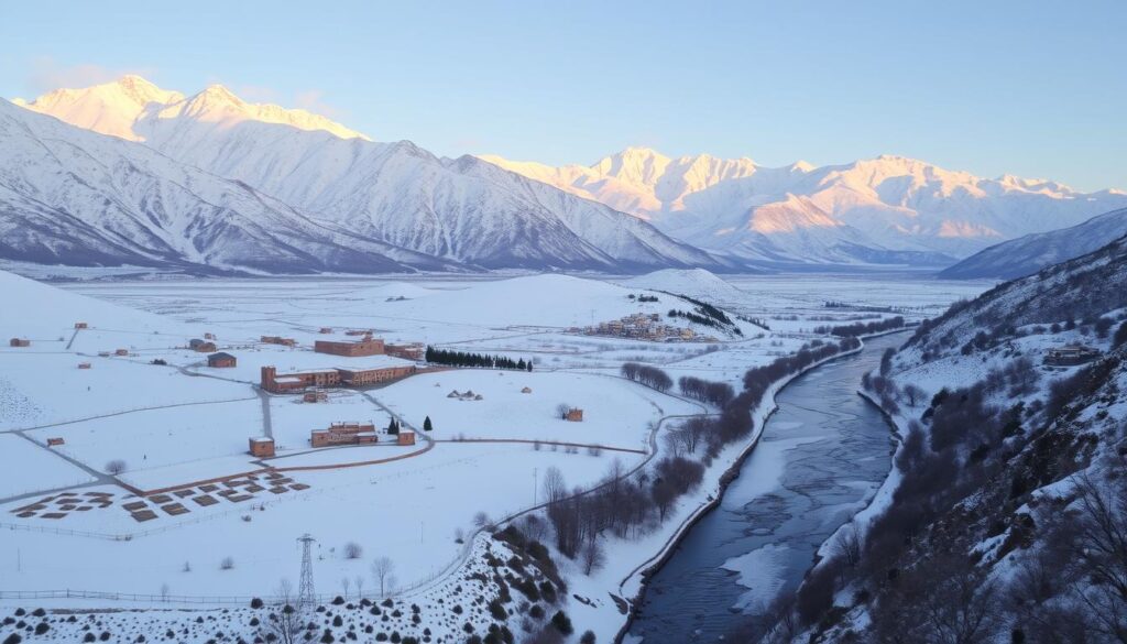 a vast, snow-covered Atlas Mountains landscape in Morocco during the winter, with a foreground of a quaint, snow-dusted village nestled between rolling hills, a frozen river winding through the scene, and in the distance, the majestic peaks of the mountain range bathed in a soft, golden light, creating a serene and picturesque winter wonderland, MyVisitMorocco