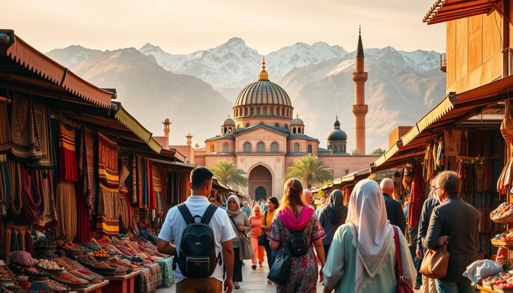 a vibrant, detailed scene depicting cultural considerations and etiquette for a Spain and Morocco trip. in the foreground, a group of travelers exploring a vibrant Moroccan marketplace, with vendors selling intricate textiles, fragrant spices, and handcrafted leather goods. the travelers are dressed respectfully, observing local customs. in the middle ground, a grand, domed mosque stands tall, its intricate architecture and ornate details capturing the essence of Moroccan design. in the background, the rugged Atlas Mountains rise, their snow-capped peaks casting a majestic backdrop. the lighting is warm and golden, evoking the warmth of the region. MyVisitMorocco a vibrant, detailed scene depicting cultural considerations and etiquette for a Spain and Morocco trip. in the foreground, a group of travelers exploring a vibrant Moroccan marketplace, with vendors selling intricate textiles, fragrant spices, and handcrafted leather goods. the travelers are dressed respectfully, observing local customs. in the middle ground, a grand, domed mosque stands tall, its intricate architecture and ornate details capturing the essence of Moroccan design. in the background, the rugged Atlas Mountains rise, their snow-capped peaks casting a majestic backdrop. the lighting is warm and golden, evoking the warmth of the region. MyVisitMorocco