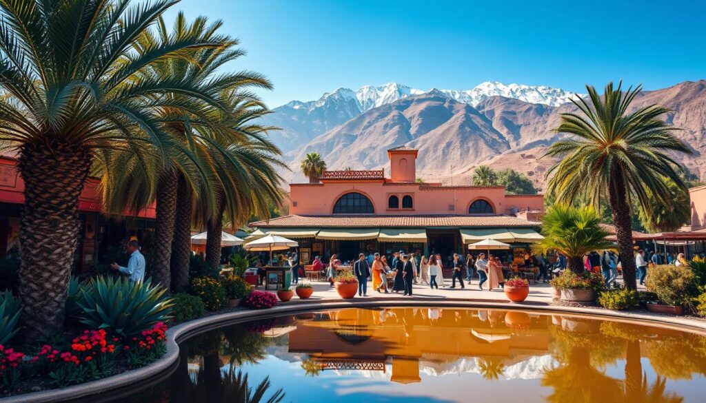 a vibrant landscape in Morocco in October, with a warm, sunny atmosphere and a clear blue sky. In the foreground, a lush oasis with palm trees and colorful flowers, reflecting in a tranquil pool of water. In the middle ground, a traditional Moroccan building with intricate architectural details, surrounded by a bustling marketplace with vendors selling local produce and handicrafts. In the background, the majestic Atlas Mountains rise up, their peaks capped with a light dusting of snow. The scene is captured with a wide-angle lens, creating a sense of depth and scale. The overall mood is one of warmth, liveliness, and the rich cultural heritage of Morocco. MyVisitMorocco