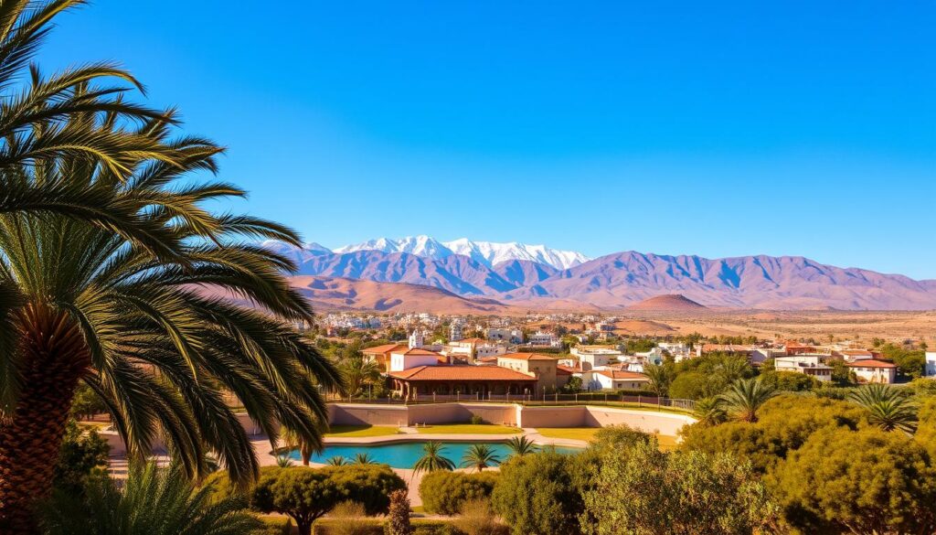 a vibrant landscape of Morocco in October, showcasing the country's diverse weather patterns. The foreground depicts a lush oasis with swaying palm trees, a tranquil pool reflecting the warm, golden sunlight. In the middle ground, rolling hills dotted with traditional Moroccan architecture, their terracotta roofs and whitewashed walls glowing under the clear, azure sky. The background features the majestic Atlas Mountains, their snow-capped peaks reaching towards the heavens. The overall scene conveys a sense of serenity and warmth, perfectly capturing the alluring weather of Morocco in October. MyVisitMorocco a vibrant landscape of Morocco in October, showcasing the country's diverse weather patterns. The foreground depicts a lush oasis with swaying palm trees, a tranquil pool reflecting the warm, golden sunlight. In the middle ground, rolling hills dotted with traditional Moroccan architecture, their terracotta roofs and whitewashed walls glowing under the clear, azure sky. The background features the majestic Atlas Mountains, their snow-capped peaks reaching towards the heavens. The overall scene conveys a sense of serenity and warmth, perfectly capturing the alluring weather of Morocco in October. MyVisitMorocco