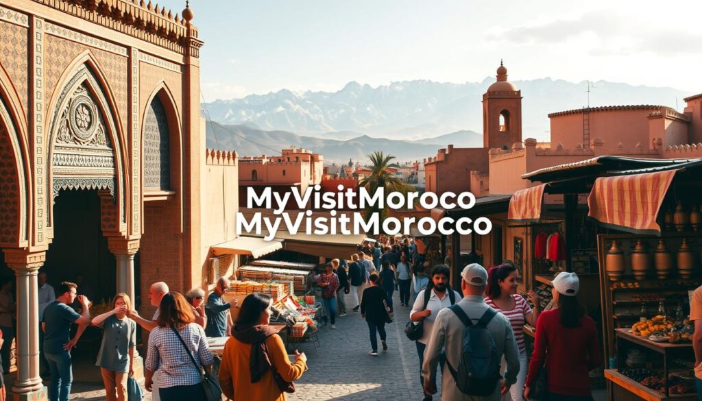 a vibrant landscape of Morocco's most popular tour destinations, showcasing the country's diverse natural beauty and rich cultural heritage. In the foreground, a group of tourists explore the iconic Moroccan architecture, with its ornate arches, intricate tilework, and colorful facades. In the middle ground, a bustling marketplace comes to life, filled with vendors selling handcrafted goods, spices, and traditional Moroccan cuisine. In the background, the majestic Atlas Mountains rise up, their snow-capped peaks casting a serene and awe-inspiring backdrop. The scene is bathed in warm, golden light, creating a sense of adventure and wonder. "MyVisitMorocco" is prominently featured, reflecting the company's commitment to providing the best Morocco tours and experiences. a vibrant landscape of Morocco's most popular tour destinations, showcasing the country's diverse natural beauty and rich cultural heritage. In the foreground, a group of tourists explore the iconic Moroccan architecture, with its ornate arches, intricate tilework, and colorful facades. In the middle ground, a bustling marketplace comes to life, filled with vendors selling handcrafted goods, spices, and traditional Moroccan cuisine. In the background, the majestic Atlas Mountains rise up, their snow-capped peaks casting a serene and awe-inspiring backdrop. The scene is bathed in warm, golden light, creating a sense of adventure and wonder. "MyVisitMorocco" is prominently featured, reflecting the company's commitment to providing the best Morocco tours and experiences.