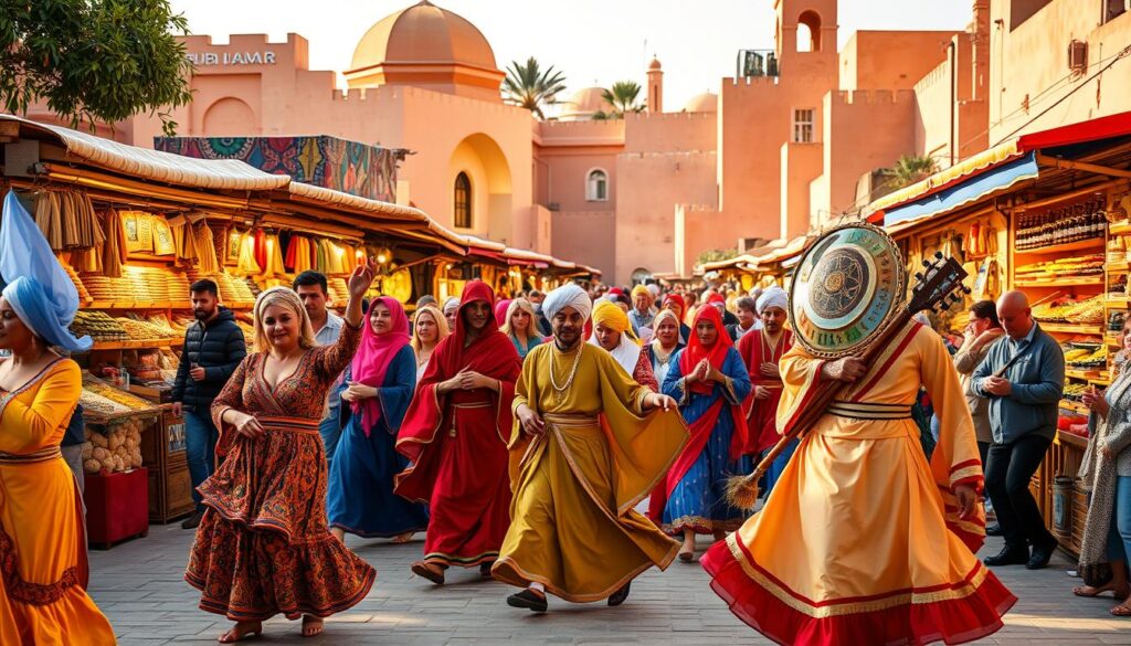 a vibrant outdoor scene of Morocco's January festivals, featuring a lively procession of colorfully dressed performers and musicians against the backdrop of a bustling marketplace. The foreground showcases traditional Moroccan dancers in flowing robes and turbans, their movements graceful and expressive. In the middle ground, artisanal stalls display a variety of handcrafted goods, spices, and textiles. The background is dominated by the warm, earthy tones of traditional Moroccan architecture, with domed roofs and intricate tilework. Warm, golden lighting casts a festive glow over the entire scene, capturing the energy and joy of the MyVisitMorocco celebrations.