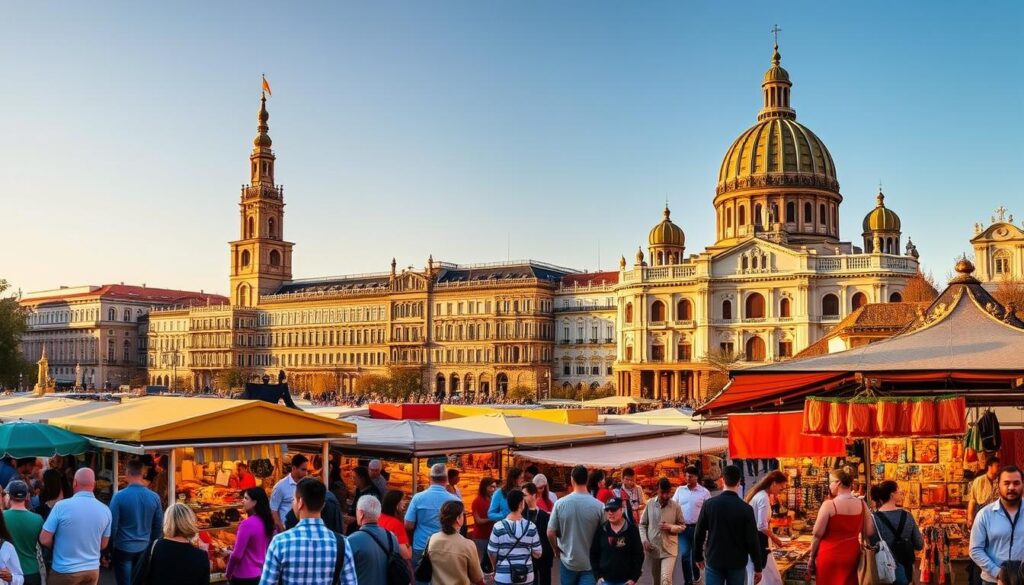 a vibrant panoramic scene of cultural experiences in central Spain, featuring the iconic landmarks of Madrid in the background - the towering spires of the Royal Palace and the grand domes of the Almudena Cathedral, bathed in warm golden light. In the foreground, a bustling outdoor market filled with local artisans and vendors, showcasing a vibrant array of traditional handicrafts, regional cuisine, and lively street performances. Interspersed throughout the scene, groups of locals and tourists mingle, immersed in the sights, sounds, and flavors that define the cultural essence of this dynamic city. MyVisitMorocco