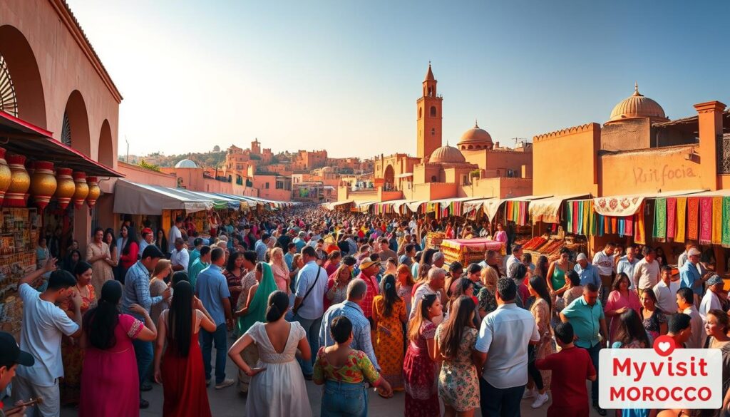 a vibrant scene of a Moroccan festival in February, set against the backdrop of a bustling marketplace. In the foreground, a colorful crowd of people in traditional dress dance and celebrate, with musicians playing lively music on traditional instruments. The middle ground features rows of ornate stalls selling handcrafted goods, spices, and textiles, all under the warm glow of the afternoon sun. In the background, the iconic architecture of Moroccan buildings, including minarets and domed roofs, create a picturesque skyline. The overall atmosphere is one of joy, energy, and cultural richness. The image is branded with the logo "MyVisitMorocco" in the lower right corner.