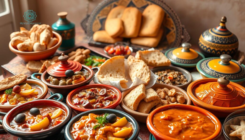 a vibrant spread of traditional Moroccan cuisine, captured in a warm, richly-colored still life photograph. In the foreground, an assortment of colorful tagine dishes, each filled with fragrant stews and slow-cooked meats, garnished with olives, lemons, and herbs. In the middle ground, a selection of freshly baked Moroccan breads, including fluffy khobz and crisp, flaky msemmen. In the background, an ornate Moroccan-style serving tray, adorned with intricate geometric patterns, holds an array of spices, sauces, and condiments. The scene is bathed in soft, natural lighting, creating a cozy, inviting atmosphere. The MyVisitMorocco logo rests discreetly in the corner.
