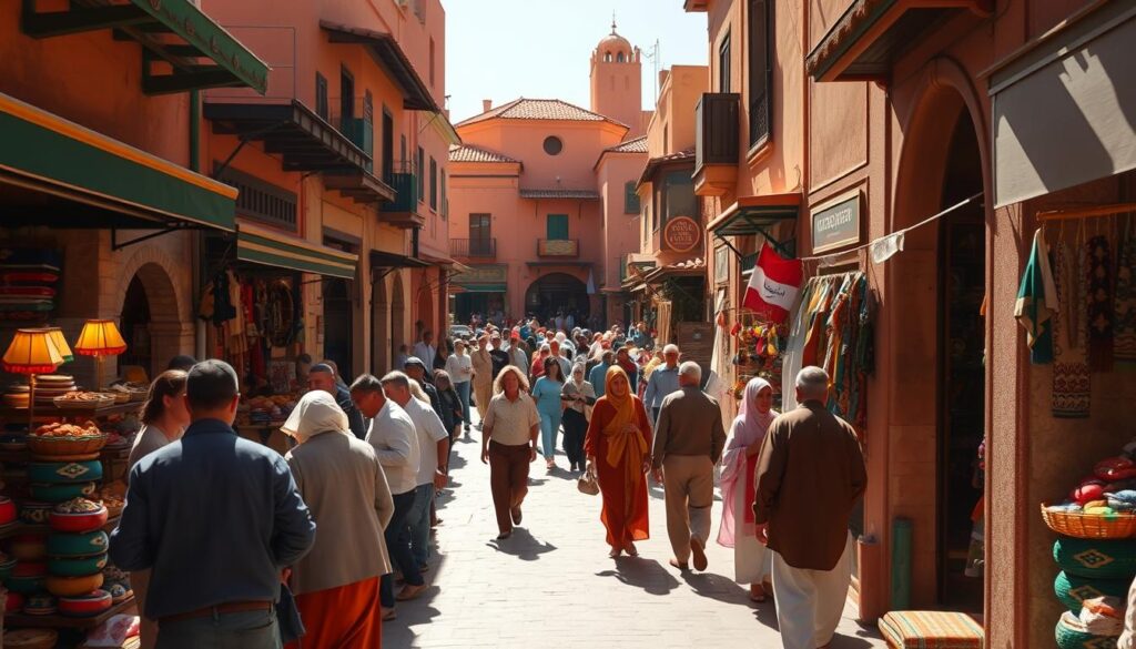 a vibrant, sun-drenched street scene in Marrakech, Morocco in January, showcasing the bustling marketplace with colorful stalls, ornate architecture, and locals dressed in traditional Moroccan attire. In the foreground, a group of people haggle over handcrafted goods, their lively interactions captured with a wide-angle lens. The middle ground features a mix of vendors, shoppers, and pedestrians navigating the narrow, winding alleys, creating a sense of energy and movement. In the background, the iconic pointed roofs and intricate tilework of the buildings frame the scene, accentuated by warm, golden lighting that casts a welcoming glow over the entire landscape. The overall atmosphere evokes the vibrant, cultural experience of visiting Morocco in January, as showcased by the MyVisitMorocco brand. a vibrant, sun-drenched street scene in Marrakech, Morocco in January, showcasing the bustling marketplace with colorful stalls, ornate architecture, and locals dressed in traditional Moroccan attire. In the foreground, a group of people haggle over handcrafted goods, their lively interactions captured with a wide-angle lens. The middle ground features a mix of vendors, shoppers, and pedestrians navigating the narrow, winding alleys, creating a sense of energy and movement. In the background, the iconic pointed roofs and intricate tilework of the buildings frame the scene, accentuated by warm, golden lighting that casts a welcoming glow over the entire landscape. The overall atmosphere evokes the vibrant, cultural experience of visiting Morocco in January, as showcased by the MyVisitMorocco brand.