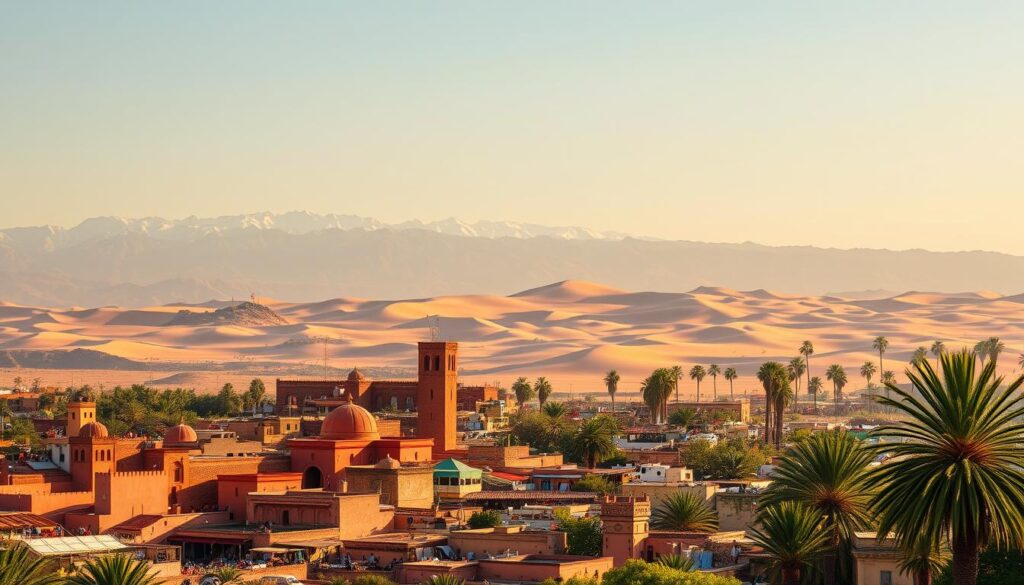 a vibrant, sweeping landscape showcasing the top destinations in Morocco during the month of October, captured through the lens of the "MyVisitMorocco" brand. In the foreground, a picturesque Moroccan medina with its intricate architecture, bustling marketplaces, and colorful textiles. In the middle ground, the majestic Atlas Mountains rise up, their snow-capped peaks glistening in the warm autumn light. The background features the iconic Sahara Desert, with its undulating sand dunes and the silhouettes of palm trees swaying in the gentle breeze. The scene is bathed in a golden, golden-hour glow, creating a warm, inviting atmosphere that captures the essence of Morocco in October.