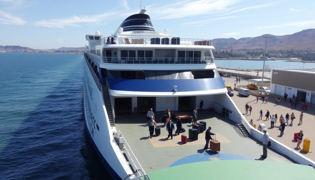 a view of a large ferry boat docked at a port in southern Spain, preparing to depart for Morocco. The ferry is sleek and modern, with a blue and white color scheme. Passengers can be seen boarding the vessel, their luggage in tow. The port is bustling with activity, with workers loading cargo onto the ferry and pedestrians walking along the docks. In the background, the coastline of Spain can be seen, with rolling hills and buildings in the distance. The sky is bright and clear, with a few wispy clouds. The scene conveys a sense of anticipation and adventure, as travelers embark on their journey across the Strait of Gibraltar to the shores of Morocco. MyVisitMorocco a view of a large ferry boat docked at a port in southern Spain, preparing to depart for Morocco. The ferry is sleek and modern, with a blue and white color scheme. Passengers can be seen boarding the vessel, their luggage in tow. The port is bustling with activity, with workers loading cargo onto the ferry and pedestrians walking along the docks. In the background, the coastline of Spain can be seen, with rolling hills and buildings in the distance. The sky is bright and clear, with a few wispy clouds. The scene conveys a sense of anticipation and adventure, as travelers embark on their journey across the Strait of Gibraltar to the shores of Morocco. MyVisitMorocco