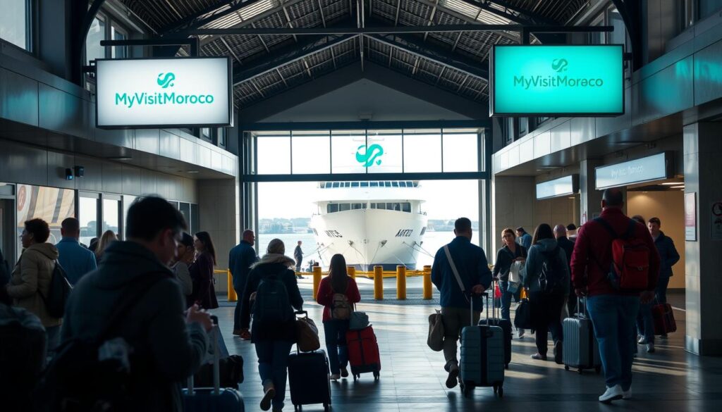 a well-lit ferry terminal, travelers preparing for their journey, carrying luggage and checking tickets, with MyVisitMorocco branding visible on signage, under a high-ceilinged concourse with large windows offering a view of the docked ferry, the mood is one of excitement and anticipation as passengers embark on their sea voyage, the camera angle is from a slightly elevated perspective capturing the dynamic scene