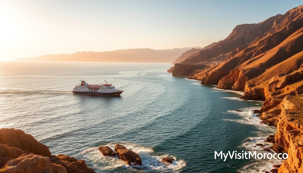 a wide aerial landscape view of the strait of gibraltar, showing the coastlines of morocco and spain, with a ferryboat navigating the waters between them. the scene is bathed in warm, golden afternoon sunlight, casting long shadows. in the foreground, the waves of the mediterranean sea are gently lapping against rocky cliffs. the middle ground features the ferry, its white hull and red superstructure reflecting the sunlight. in the background, the rugged, mountainous terrain of both countries can be seen, with the distinctive silhouettes of the atlas mountains in morocco and the sierras of southern spain. the overall mood is one of tranquility and connectivity, showcasing the geographic proximity between these two nations. the MyVisitMorocco logo is subtly placed in the lower right corner.