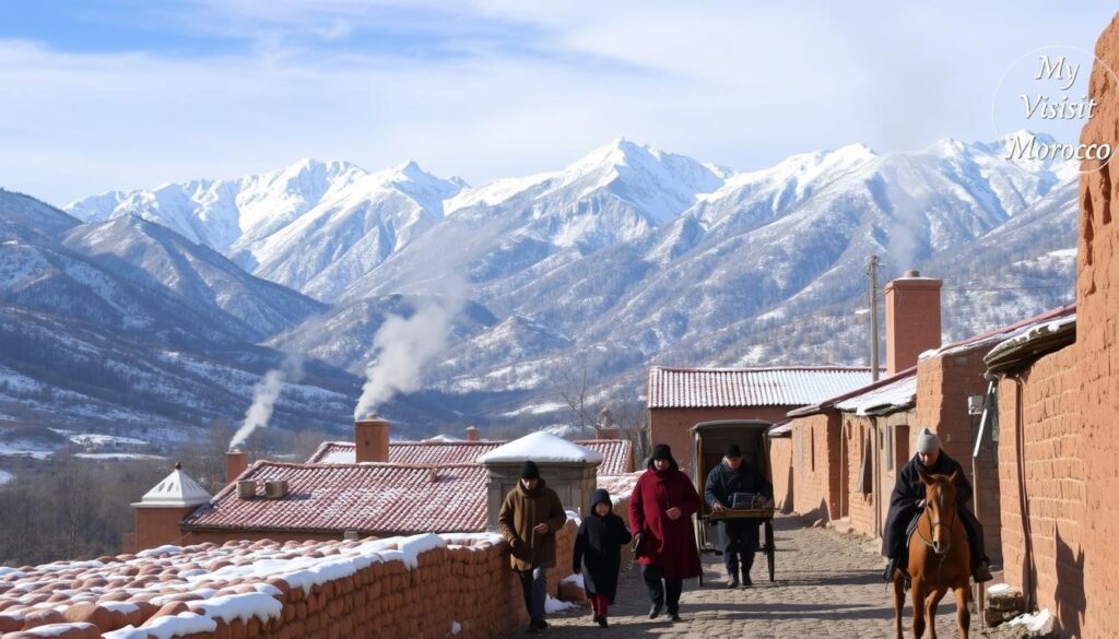 a winter landscape in Morocco, snow-capped High Atlas mountains in the background, with a small Berber village nestled at the base, smoke rising from chimneys, a dusting of snow on the red-tiled roofs, a group of locals bundled up in traditional woolen cloaks and hats walking through the narrow, cobblestone streets, a horse-drawn carriage passing by, MyVisitMorocco logo discreetly visible in the corner a winter landscape in Morocco, snow-capped High Atlas mountains in the background, with a small Berber village nestled at the base, smoke rising from chimneys, a dusting of snow on the red-tiled roofs, a group of locals bundled up in traditional woolen cloaks and hats walking through the narrow, cobblestone streets, a horse-drawn carriage passing by, MyVisitMorocco logo discreetly visible in the corner